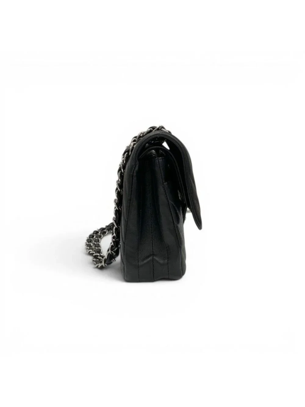 Chanel Shoulder Bag Black Silver Blanc CC Logo Stitch Double Chain Flap Turnlock
